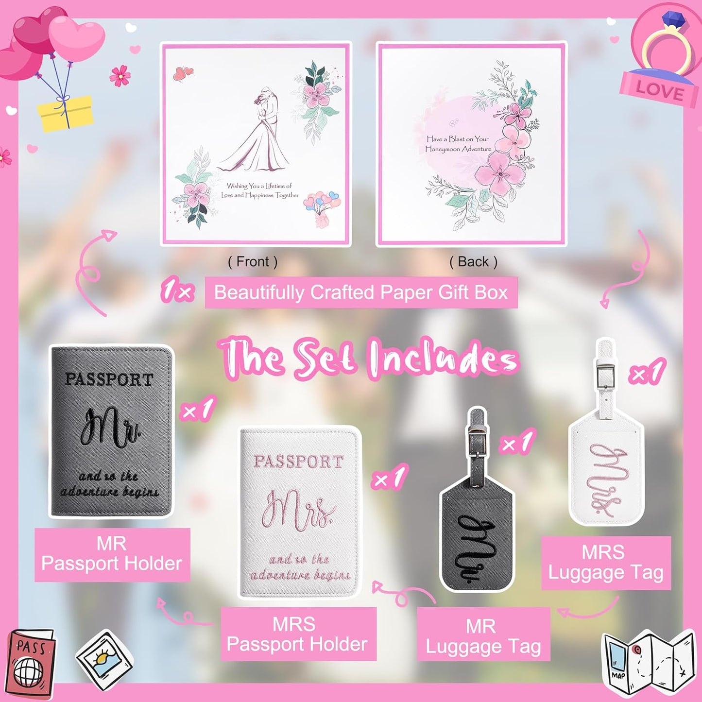 Mr and Mrs Luggage Tags & Passport Holders Set, Bridal Shower Gifts for Bride - Honeymoon Travel Essentials, Wedding Gifts for Couples 2025, Vacation Must Haves