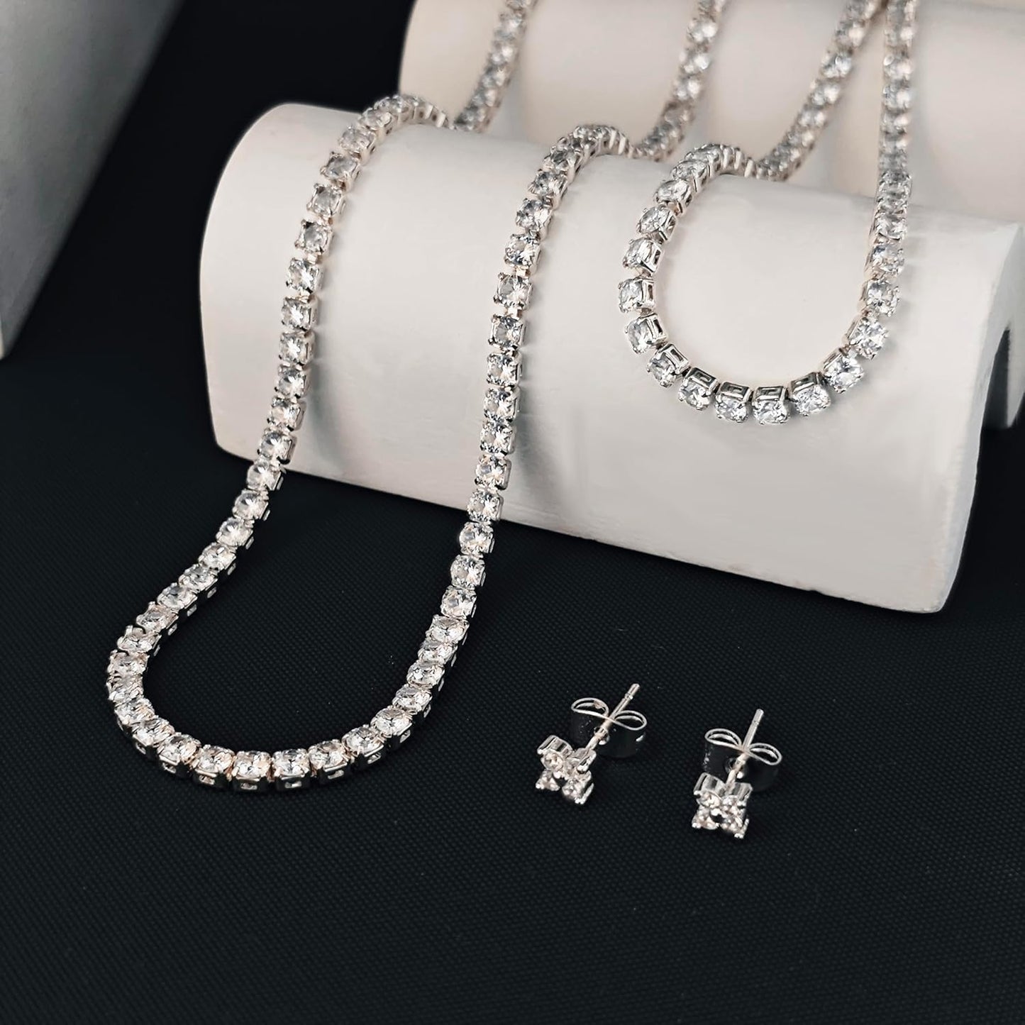 Luxval Tennis Necklace Set for Women Tennis Bracelets Diamond Earrings Sterling Silver Necklace Wedding Jewelry for Bride Silver Jewelry Sets for Women Gift