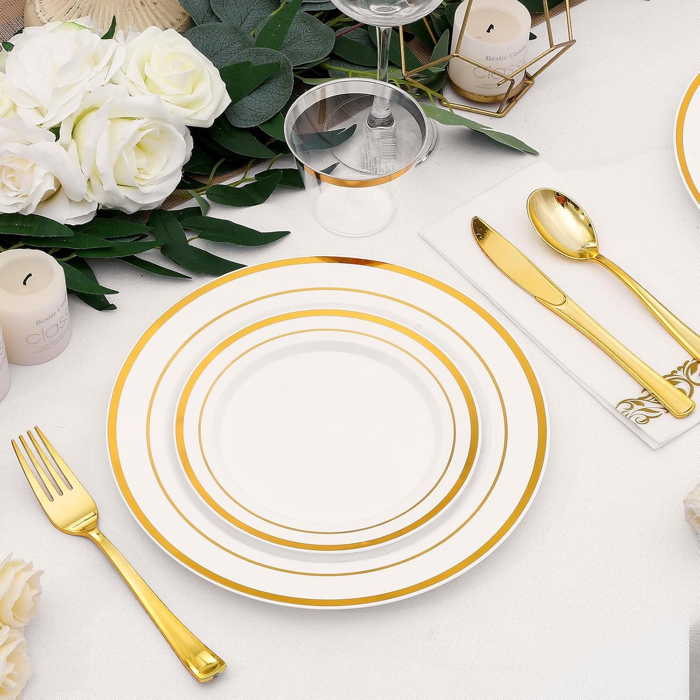 700-Piece Gold Rim Plastic Dinnerware Set for 100 Guests, Elegant Disposable Dinnerware for Party, Wedding. Includes Dinner Plates, Dessert Plates, Gold Silverware, Napkins, Cups