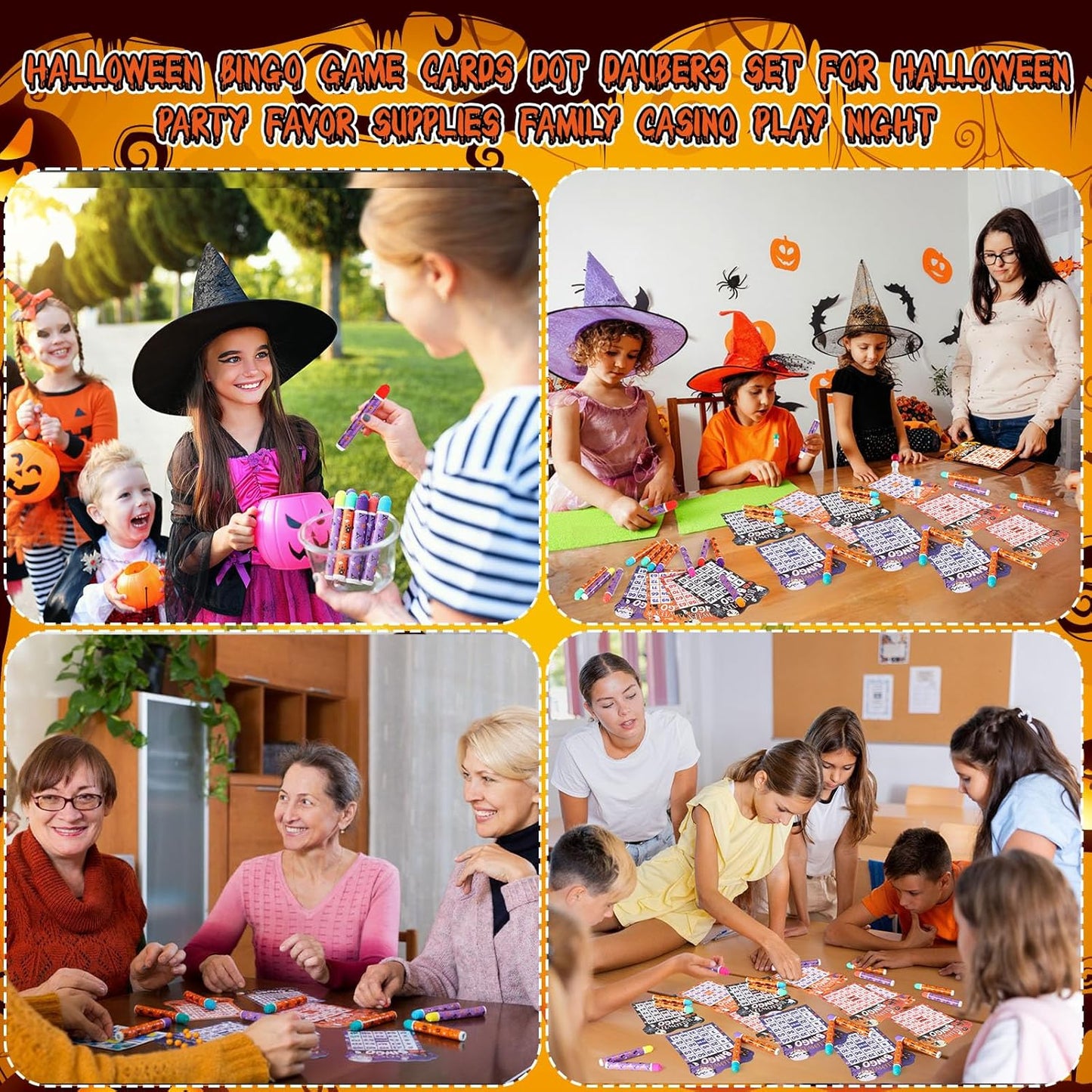 Eersida 192 Pack Halloween Bingo Game Cards and 0.4 oz Dot Daubers Set Includes 144 Bingo Cards and 48 Dot Markers Game Supplies set for Halloween Gifts Party Favor Supplies Family Casino Play Night