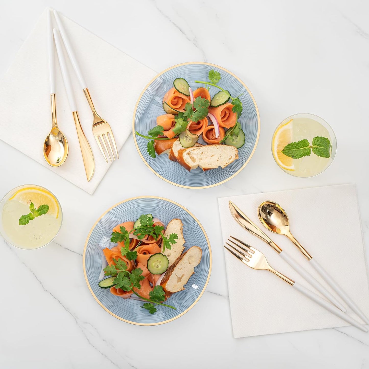 Restaurantware Plastic Plates 20 Pcs 7.25" Gold Rimmed Disposable Plates Heavy-Duty Blue Translucent Rippled Plastic Dinner Servers for Party, Weddings, Salads, Desserts, and Appetizers