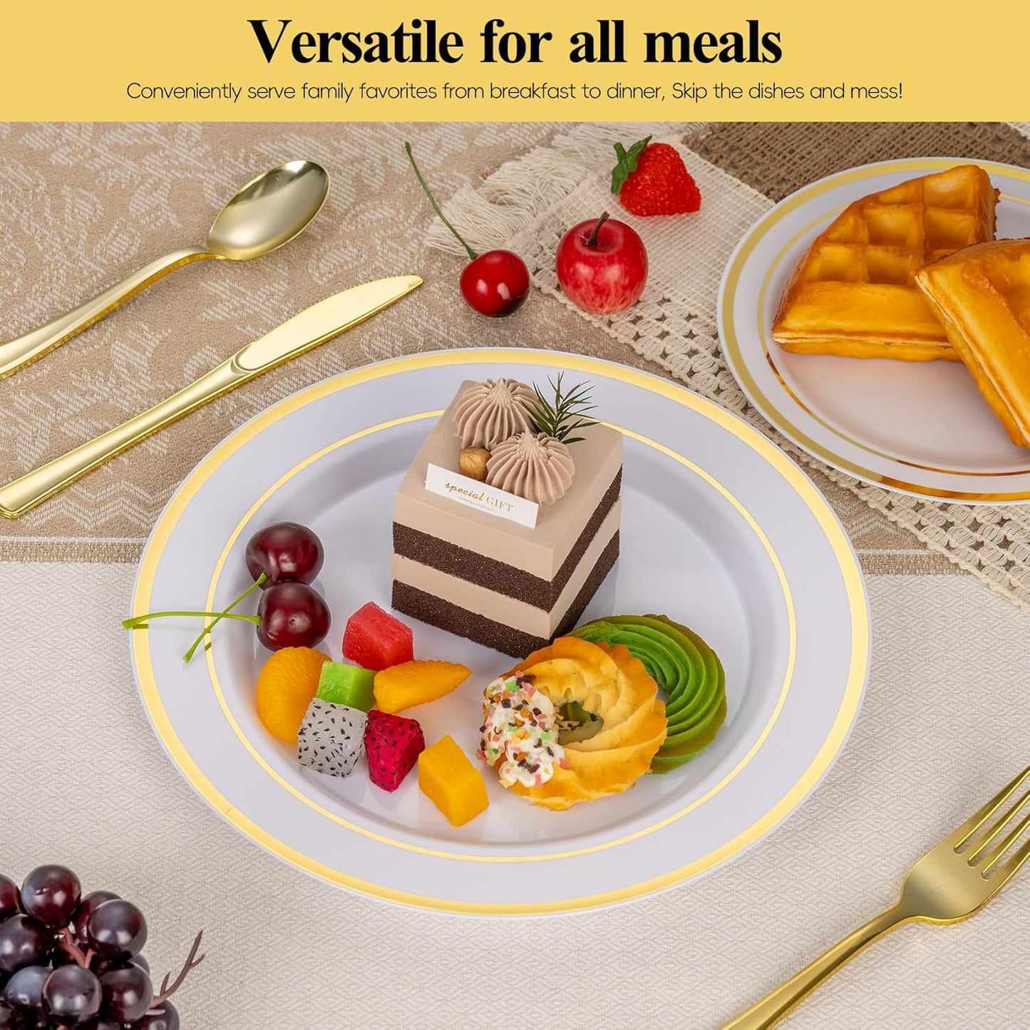 Goodluck 100PCS Gold Plastic Plates, 10.25 Inch Dinner Plate with Gold Rim, Heavy Duty Disposable Plastic Plates for Party, Wedding, Birthday & Daily Use