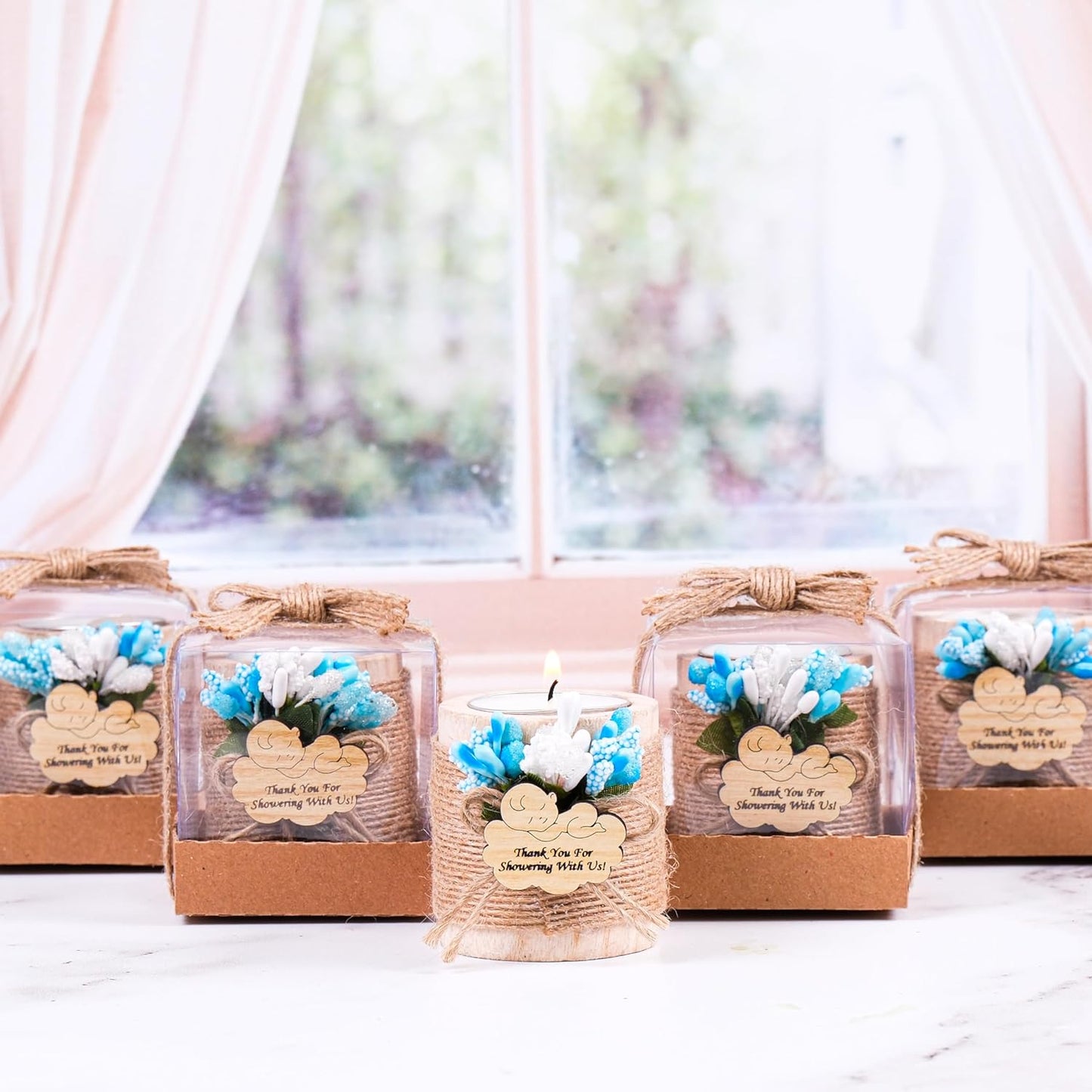 HTF Pack of 10 Baby Shower Decorations Wood Tealight Candle Holder, Gender Reveal Favors, Babyshower Wood Candle Holders (BS-Blue, Light Brown)