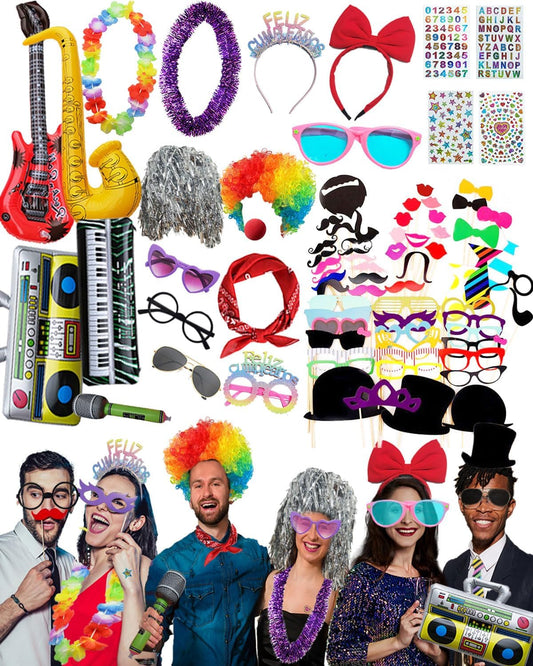 80pcs Large Gorgeous Photo Booth Props Set Birthday Party Accessories Kit Includes Clown Wig Foil Tinsel Wig Rock Headband Novelty Funny Glasses Inflatable Prop for Adult Teen Carnival Party Supplies