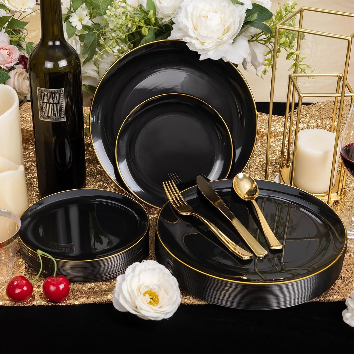 WDF 300PCS Black and Gold Plates - Black Plastic Plates for Party - 50guest Disposable Dinnerware Sets for Party/Wedding/New Year