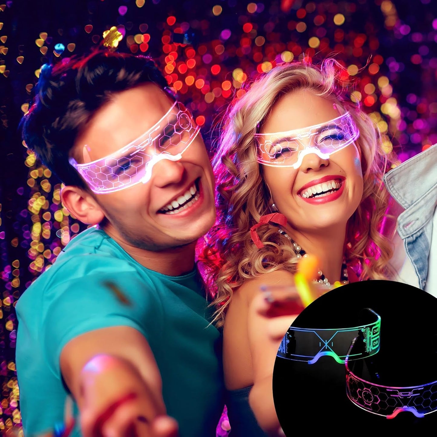2 Pairs Light Up Glasses For Party LED Glasses For Adults Kids Futuristic Sunglasses Cosplay Costume Glow In Dark Accessories (Concise style)