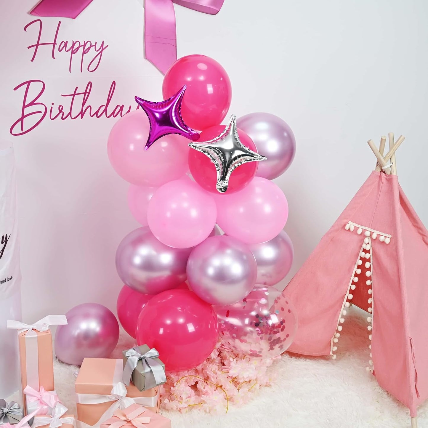 Hot Pink Balloons Garland Arch Kit, Metallic Chrome Magenta Balloon Happy Birthday Decorations Baby Dark Pink Silver Star Confetti Balloons for Girls Birthday Princess Wedding Baby Shower Party Decor