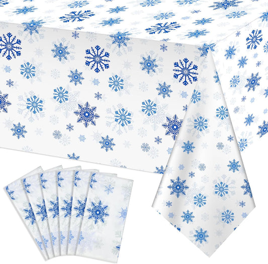 6 Pack Christmas Snowflake Plastic Tablecloth, 54 x 108Inch White and Blue Snowflake Table Cloth Disposable Waterproof Winter Snowflakes Table Cover for Winter Holiday New Year Party Supplies Decor