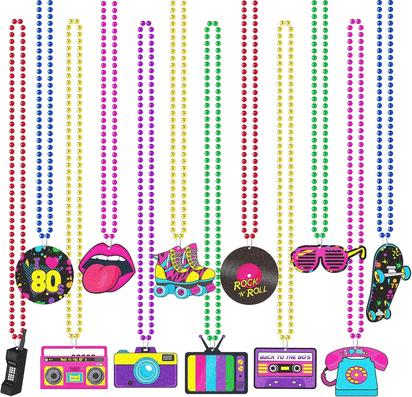 Tigeen 48 Pcs 80s Beaded Necklaces Metallic Neon Beads Retro Glow Party Disco Necklaces Bulk Colorful Rock Music Decor for Women 1980s Party Favors Supplies Mardi Gras Favor, 12 Styles