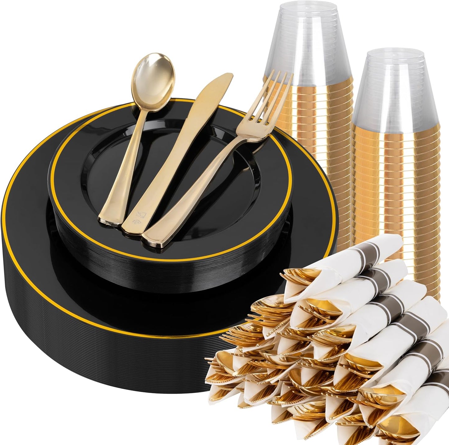 SUT 175 Pcs Black and Gold Plastic Dinnerware Set for 25 Guests, Include: 25 Dinner Plates, 25 Dessert Plates, 25 Pre Rolled Napkins With Silverware, 25 Cups, Disposable Plates for Party