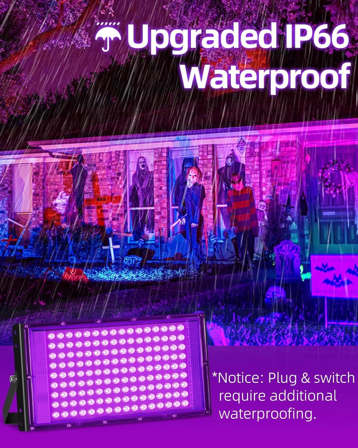 150W LED Black Lights IP66 Waterproof Black Light Outdoor with 10ft Plug+Switch, Flood Blacklight for Halloween Glow in The Dark Party Stage Light Neon Glow Birthday 2 Pack