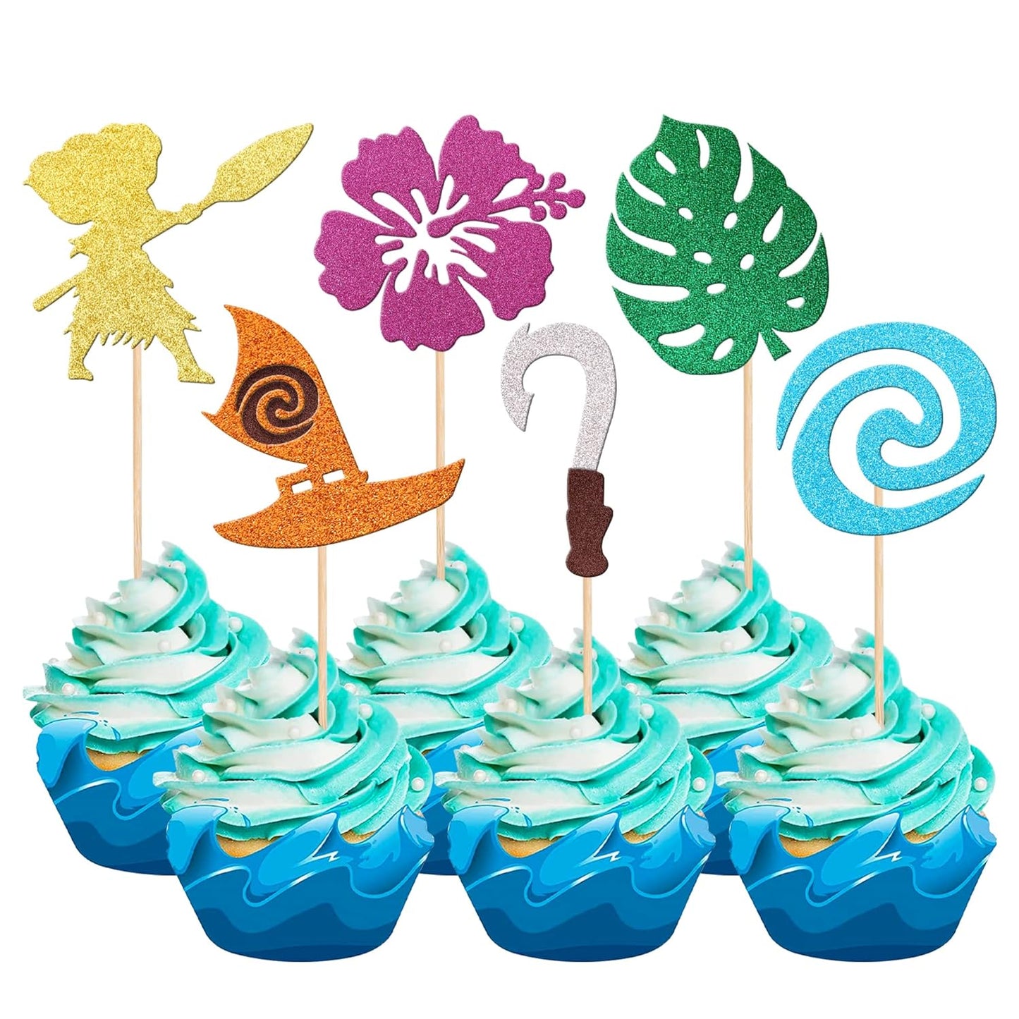 24 PCS Moana Inspired Cupcake Toppers Assembled Glitter Palm Leaf Flower Moana Cupcake Picks for Tropical Hawaiian Luau Theme Baby Shower Birthday Party Cake Decorations Supplies