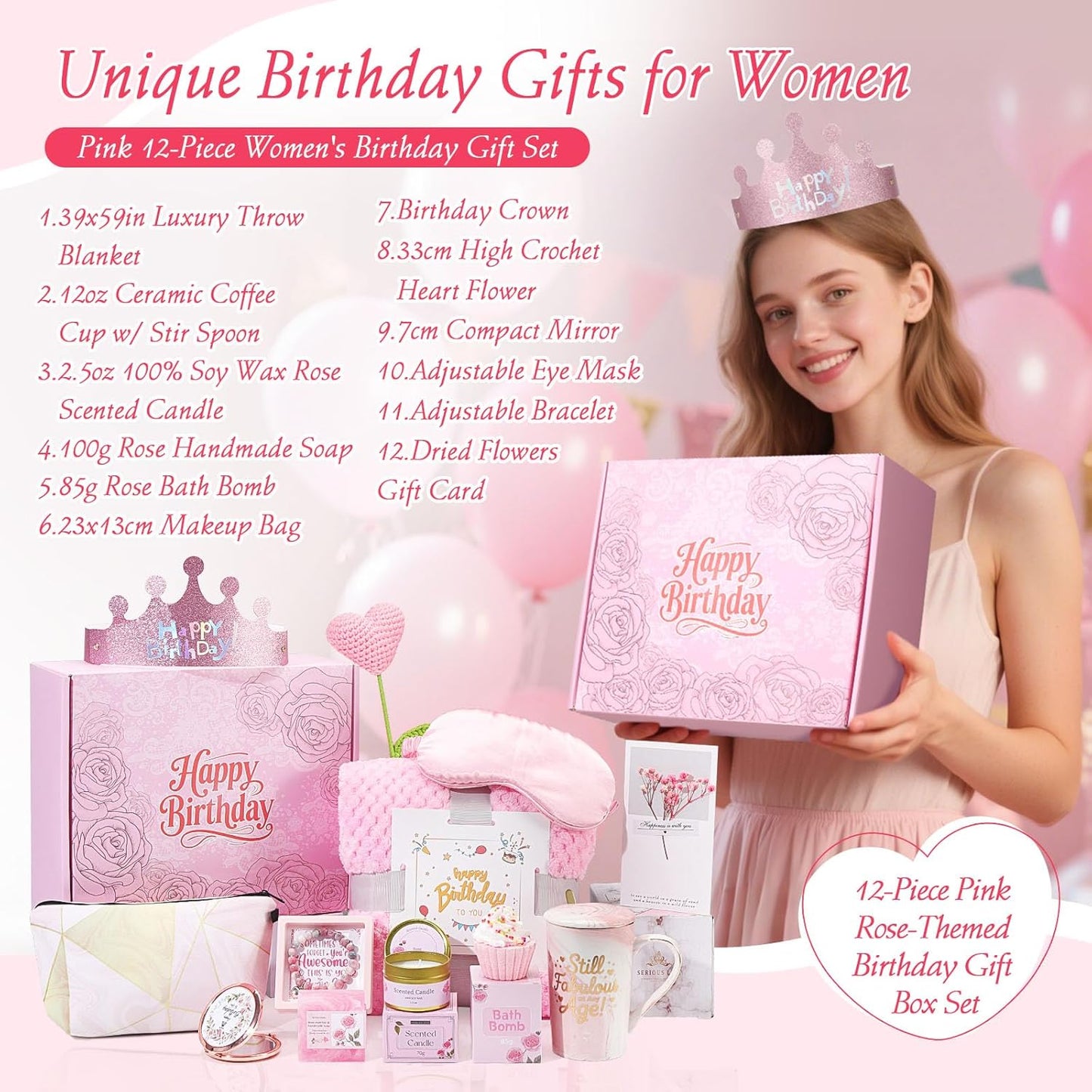 Happy Birthday Gifts for Women - Pink Birthday Gift Box for Women Self Care Mom Sister Wife Girlfriend Daughter Best Friend, Women's Birthday Gifts Spa Gifts Basket Gift Sets w/ Blanket Coffee Mug