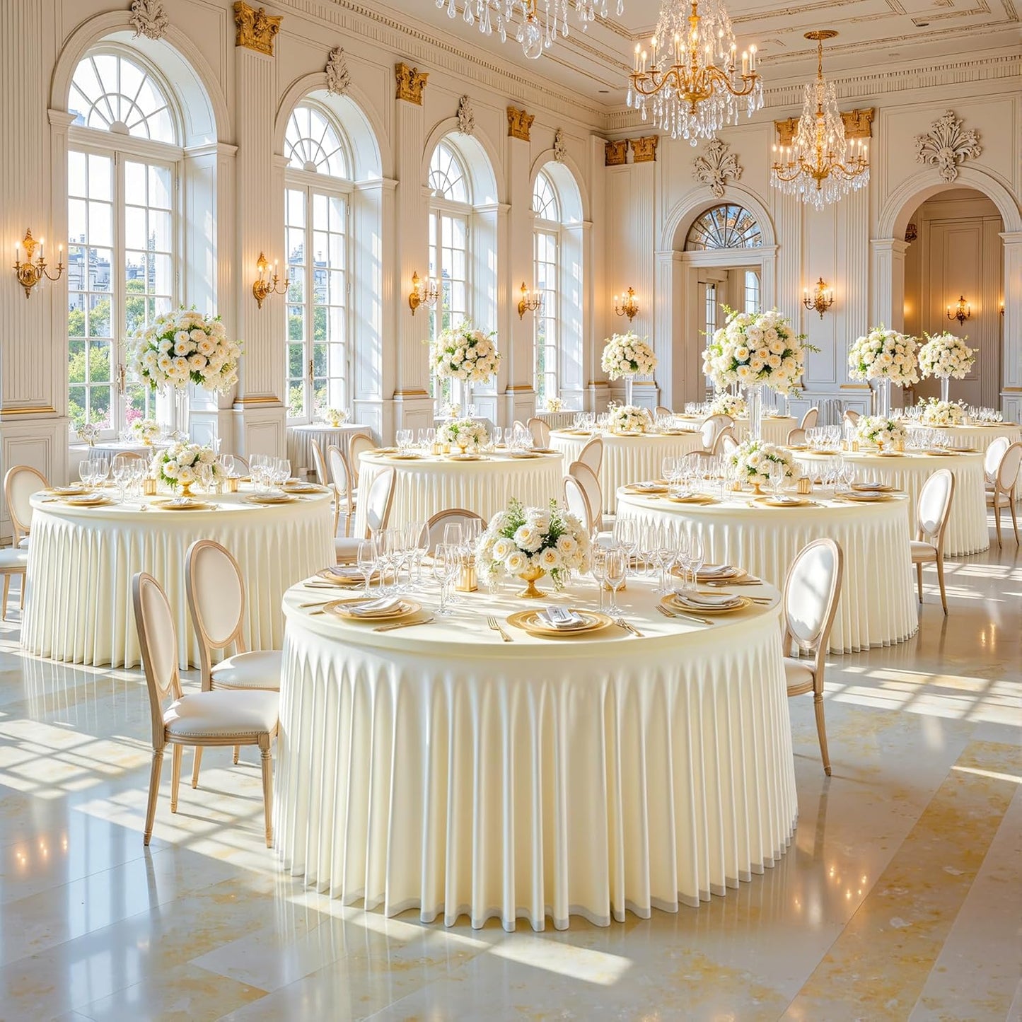 Ivory Tulle Round Tablecloth for 60 inch Tables, Spandex Fitted 5FT Ivory Round Table Covers with Tulle Skirt for Baby Shower Wedding Birthday Party Cake Banquet Table Decoration