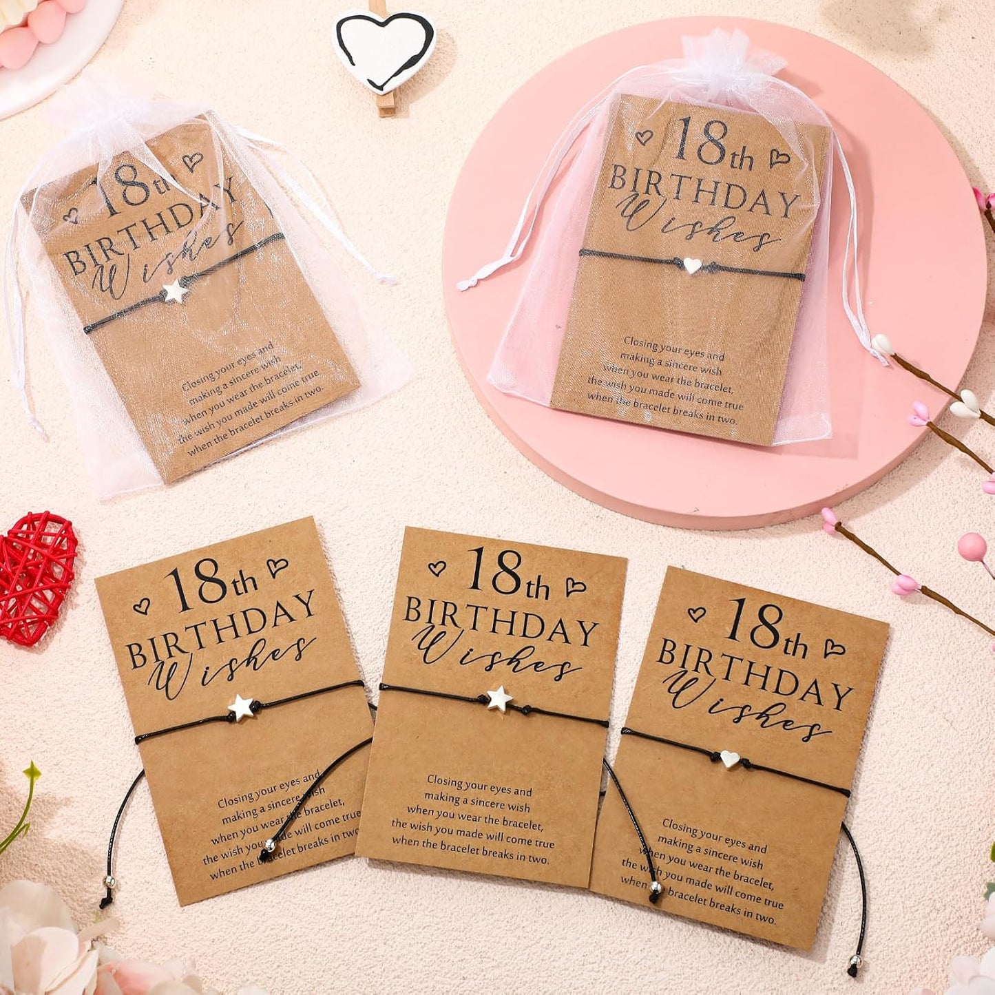 Misdary 25 Set Sweet 18th Birthday Wish Party Favors for Guests Include Adjustable Heart Charm Star Bracelets Gift with Thank You Wish Cards for Birthday Souvenirs Party Supplies Decor