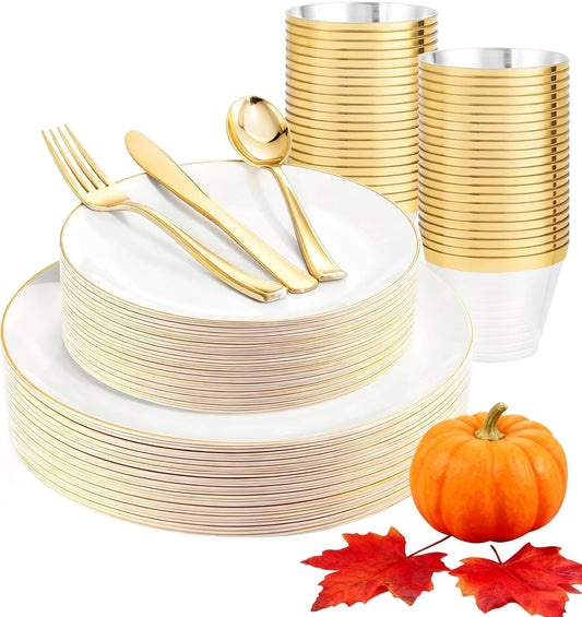 WDF 150Pcs White and Gold Plastic Plates - Gold Plates Disposable - 25guest Disposable Dinnerware Include 25 Dinner Plate, 25 Dessert Plate, 25 Cutlery & 25 9oz Cups for Wedding & Thanksgiving Party