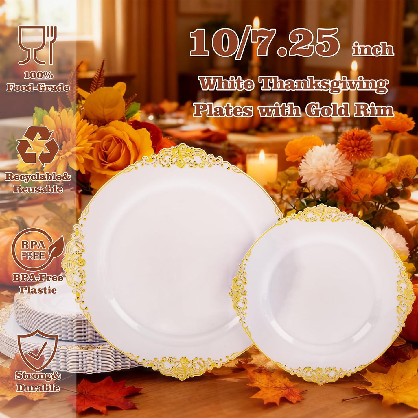 125PCS White and Gold Plastic Plates - Gold Disposable Plates with Plastic Silverware - Vintage Disposable Dinnerware Set for 25 Guests for Christmas Parties, Thanksgiving