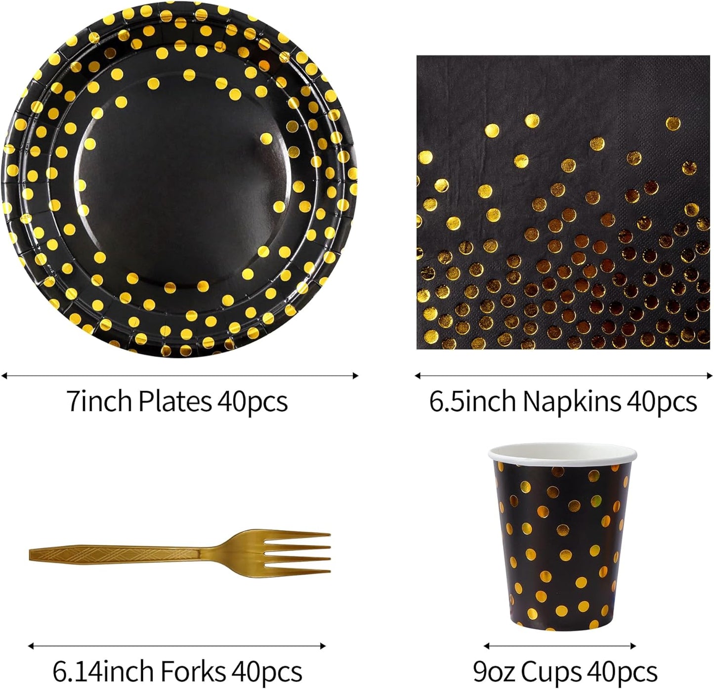 160 Pcs Black and Gold Paper Plates, Forks and Cups Party Supplies, black birthday plates Tableware Supplies for Birthdays, Graduations, Weddings, Holidays 40 Guests