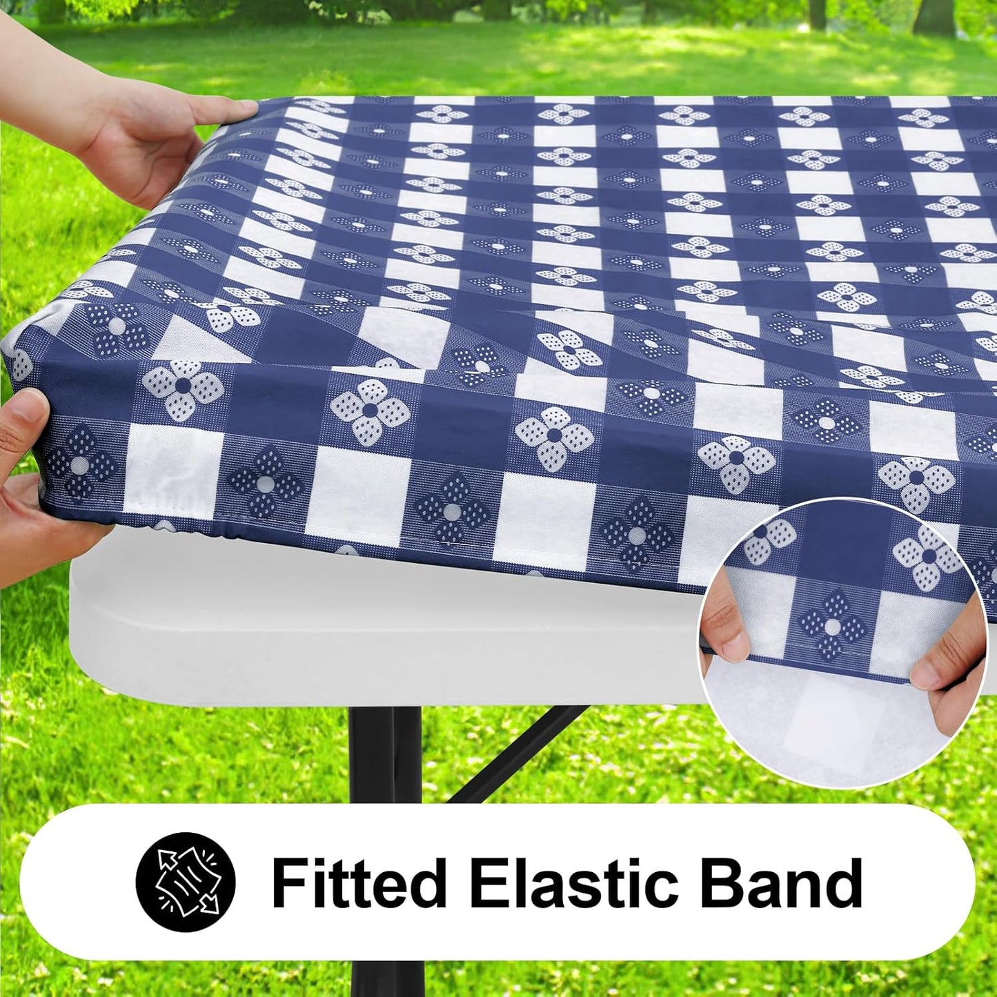 Rectangle Vinyl Table Cloth, Waterproof Elastic Fitted Tablecloth with Flannel Backing, Plastic Table Cover for Picnic, Camping, Outdoor (White & Navy, 24"x48")