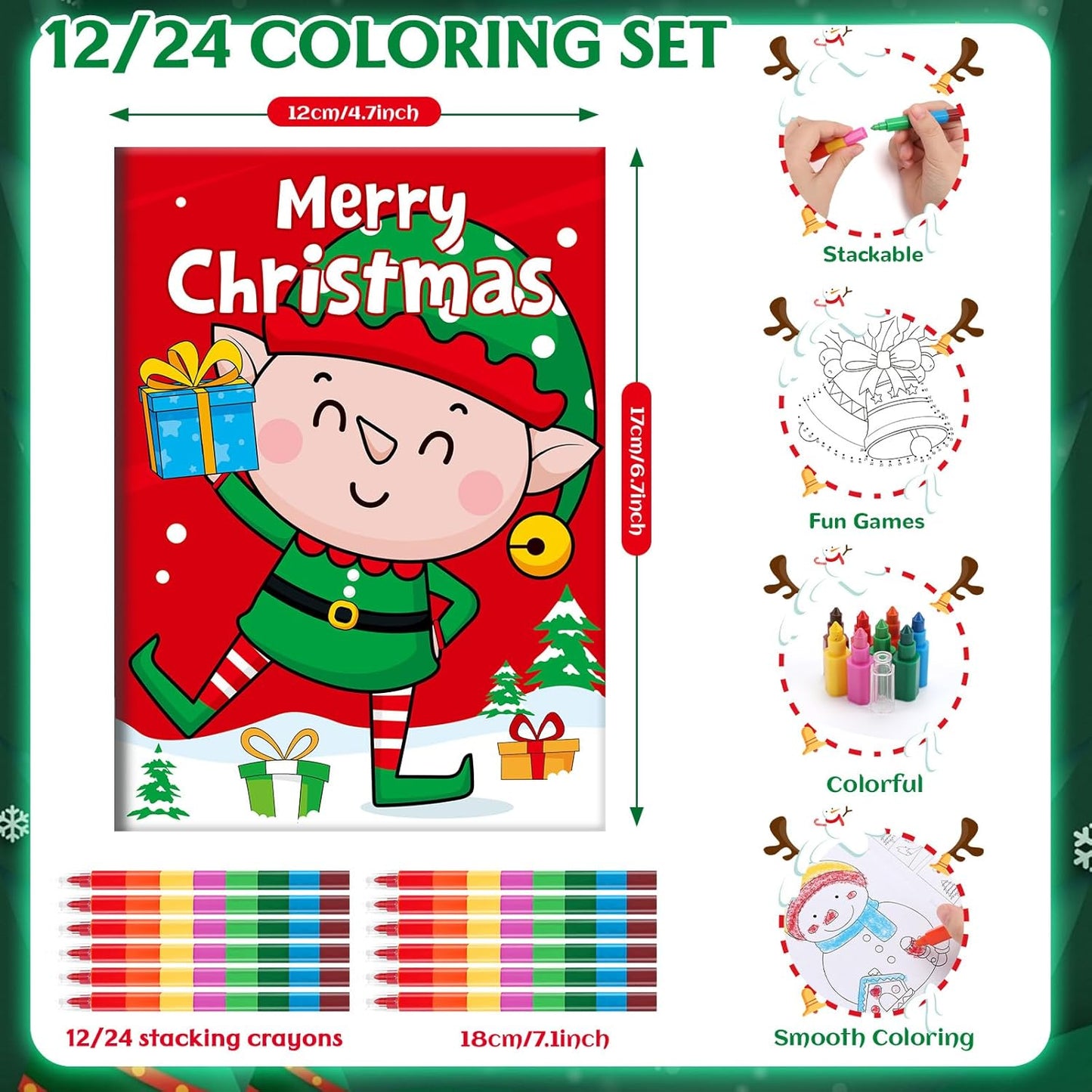 BenLouis 24 Christmas Mini Activity Books with 24 Crayons for Kids ages 4-8-16 Xmas Party Favors Bulk Different Brain Game for Classroom Travel Craft Activities Holiday Goodie Bag Gift Stuffer