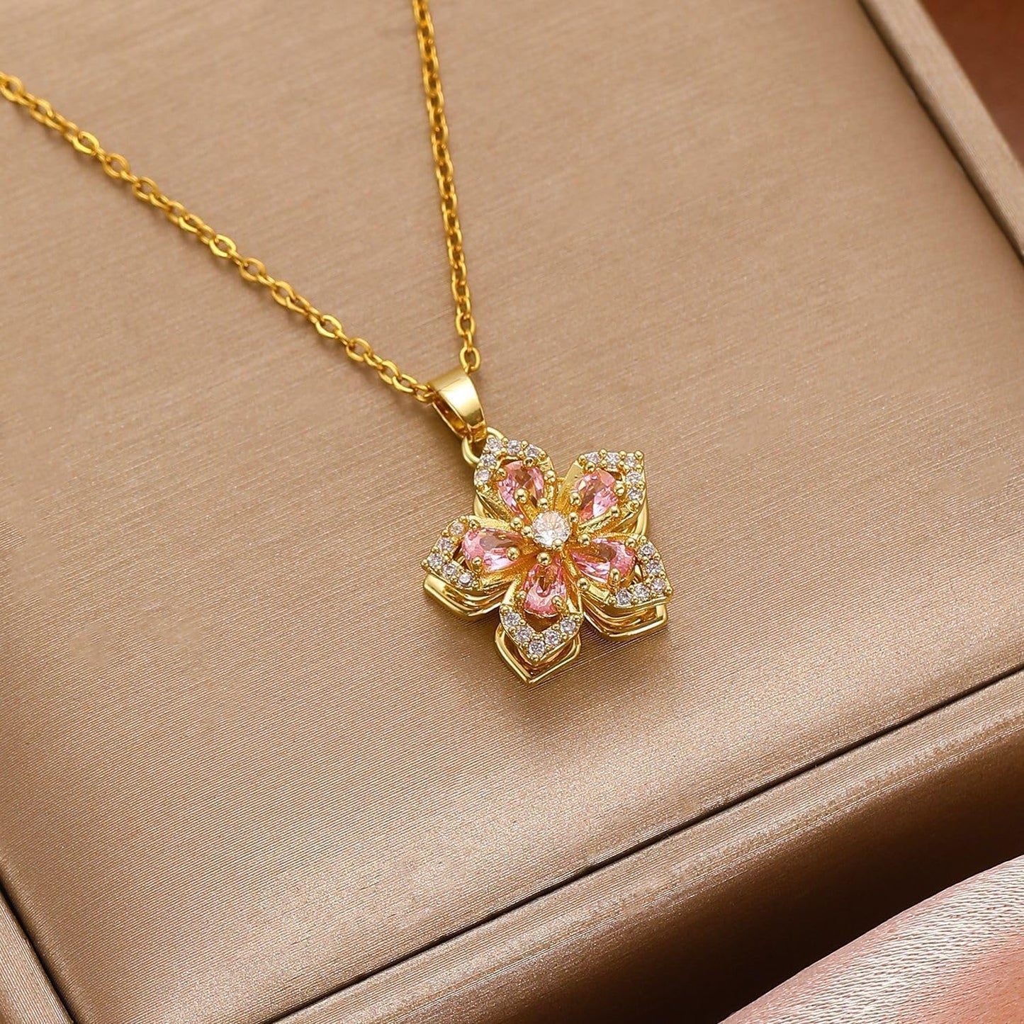 Necklace for Women Gold Flower Fidget Necklace Rotatable Crystal Silver Blossom Pendant Necklaces Adjustable Spinning Fidget Necklaces Redbud Flower Choker Funny Gift Jewelry