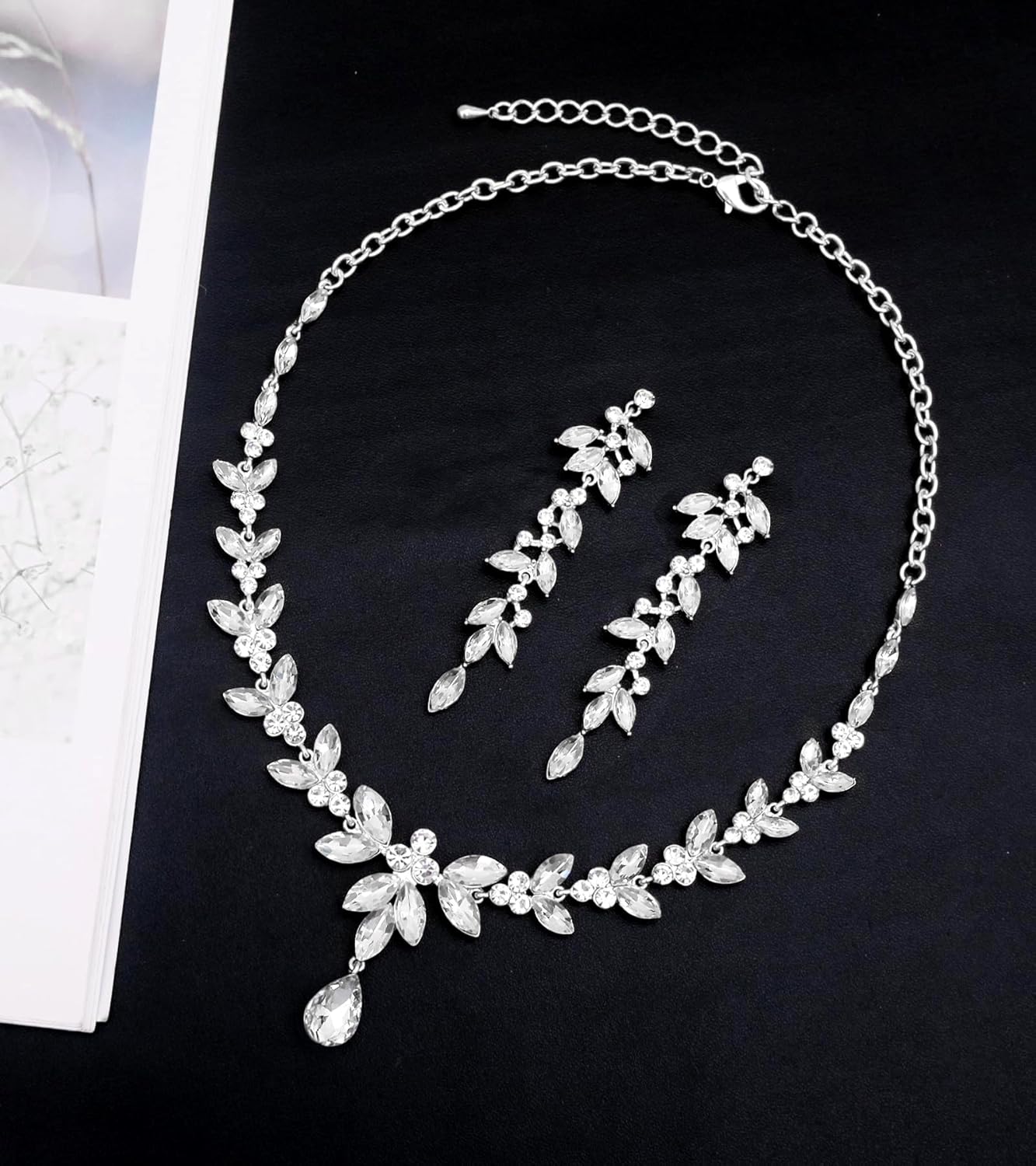 CSY 4 Pcs Elegant Bridal Jewelry Sets Austrian Marquise Crystal Wedding Necklace Dangle Earrings Tennis Bracelet Ring Set for Bride Women Costume Accessories