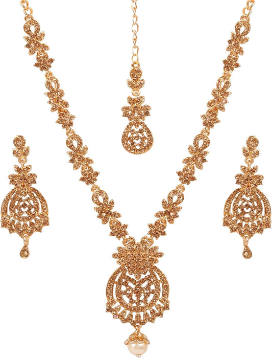 Touchstone Indian jewelry sets for women maang tikka wedding guest gold necklace bollywood jewellery set pageant elegant prom bride accessories western crystal chunky rhinestone necklaces