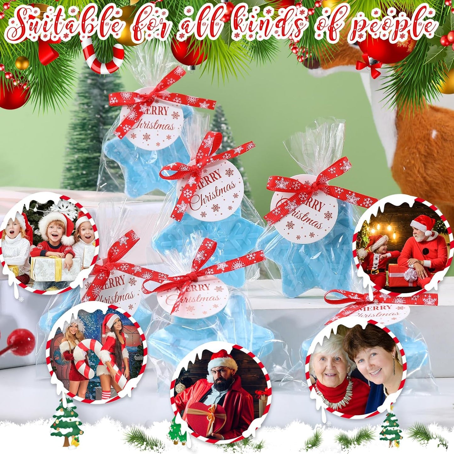 30 Set Christmas Soap Bar Gift Set Christmas Handmade Xmas Tree Santa Clause Gingerbread Snowflake Soaps Bulk Holiday Stocking Stuffer Party Favors for Bathroom (Blue,Blue Snowflake)