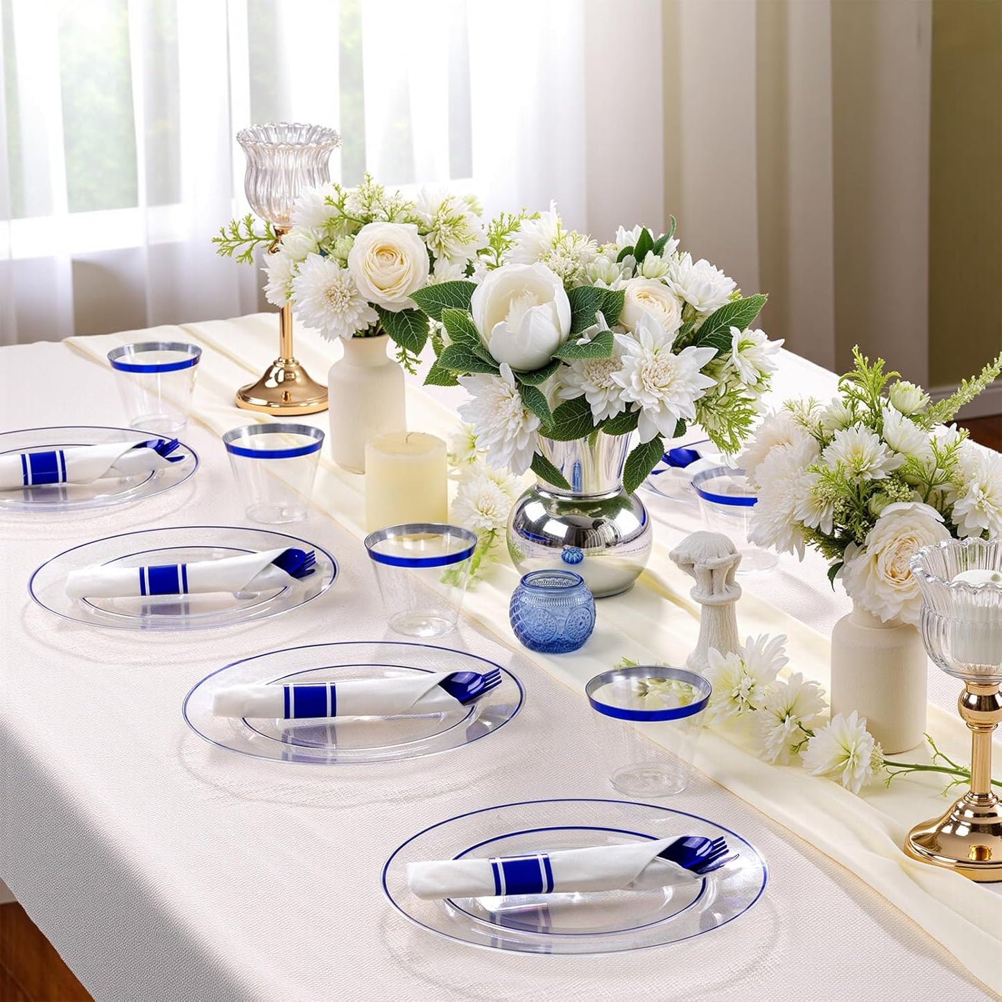 SUT 350 Pcs Blue and Clear Plastic Dinnerware Set for 50 Guests, Include: 50 Dinner Plates, 50 Dessert Plates, 50 Pre Rolled Napkins With Silverware, 50 Cups, Disposable Plates for Party, Wedding