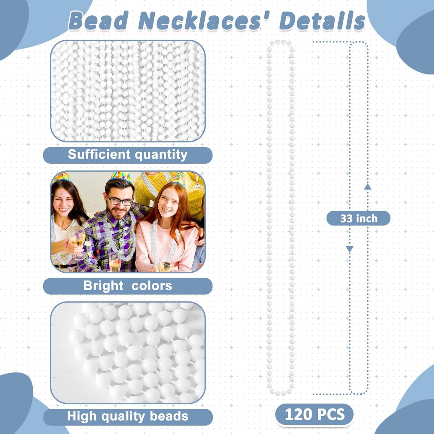 Mardi Gras Beads, 120PCS Bead Necklace, 33" White Beads Bulk, Mardi Gras Accessories, Party Costume Parade Throws Bulk for Pirate Baby Shower Birthday Party Favors Supplies