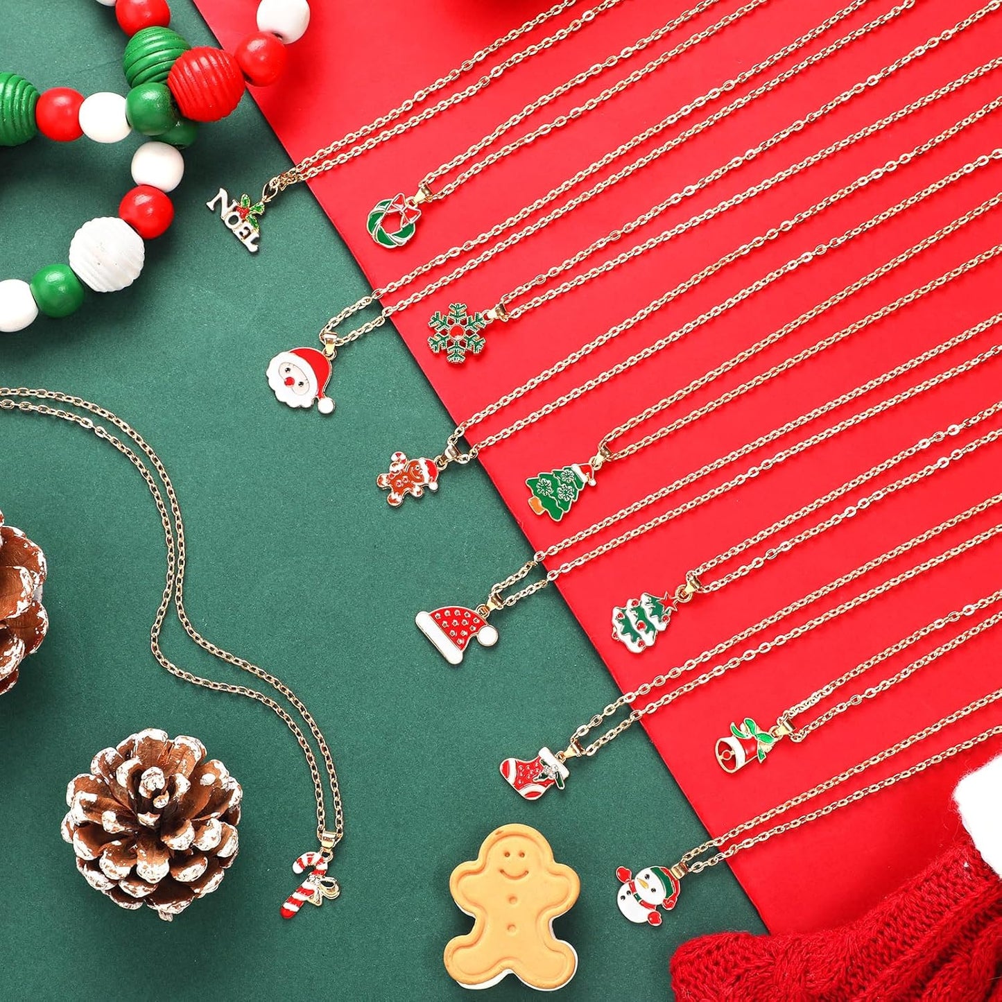 Cunno 48 Pieces Christmas Necklaces Bulk Crystal Xmas Tree Santa Reindeer Pendant Necklace Women Bell Snow Christmas Cute Charm Jewelry Gifts for Wife Mother Friends Sister