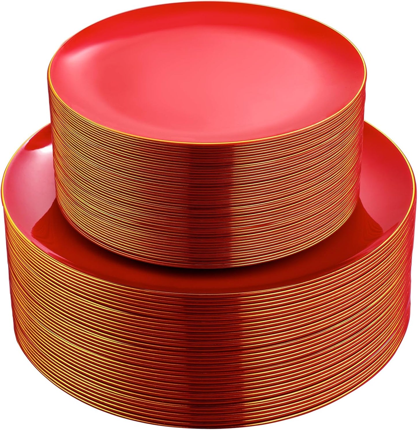 PULOTE 100PCS Red Plastic Plates Disposable Heavy Duty - Include 50 Dinner / 50 Dessert Plates for Party & Christmas