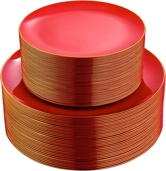 PULOTE 100PCS Red Plastic Plates Disposable Heavy Duty - Include 50 Dinner / 50 Dessert Plates for Party & Christmas