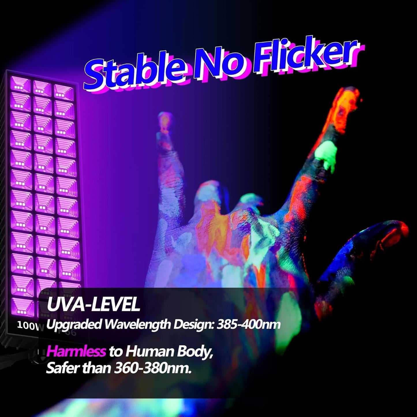 2 Pack 100W LED Black Lights Bar, Black Light for Glow Party, 385-400nm Blacklight Flood Light for Blacklight Party, Bedroom, Halloween, Fluorescent Poster, Body Paint