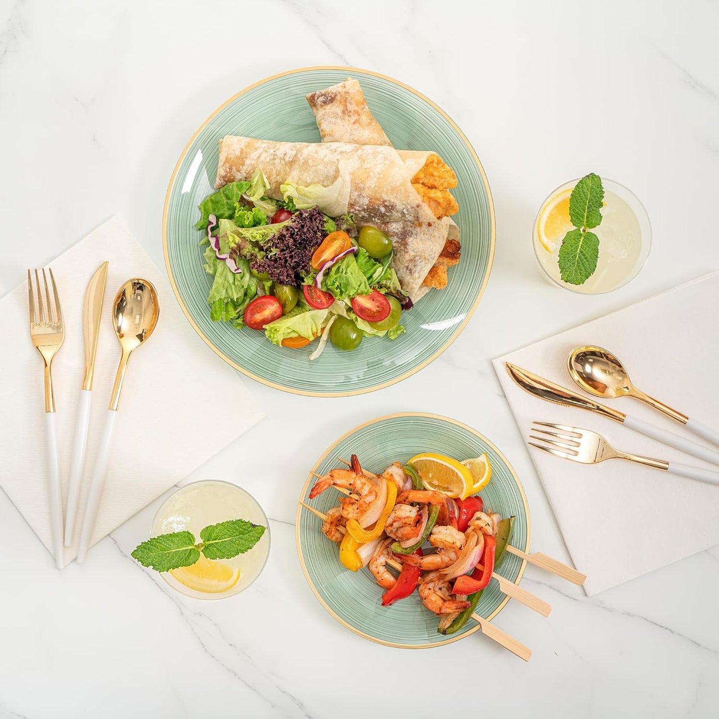 Restaurantware Plastic Plates 200 Pcs 7.13" and 10" Combo Gold Rimmed Plate Set Disposable Heavy-Duty Green Translucent Rippled Plastic Dinner Servers for Party, Weddings, Salads, Desserts