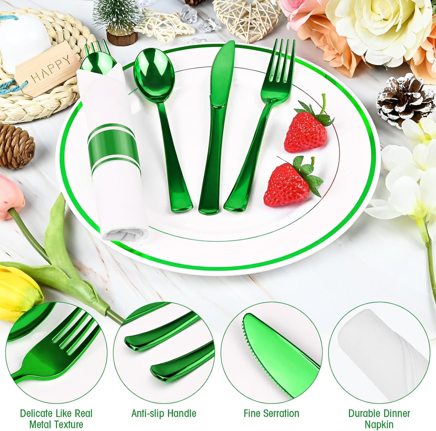 100Pack Pre Rolled Green Plastic Silverware - Wrapped Green Disposable Cutlery with Napkins, Pre Rolled Plastic Cutlery Set, Disposable Silverware with Dinner Napkins for St Patrick's Day