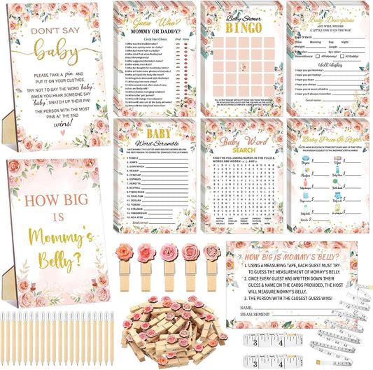 426 Pcs Floral Baby Shower Games Set-8 Games, Includes Baby Shower Bingo, Price is Right, Guess Who, Word Scramble, Prediction and Advice, How Big is Mommy's Belly, Don't Say The Words