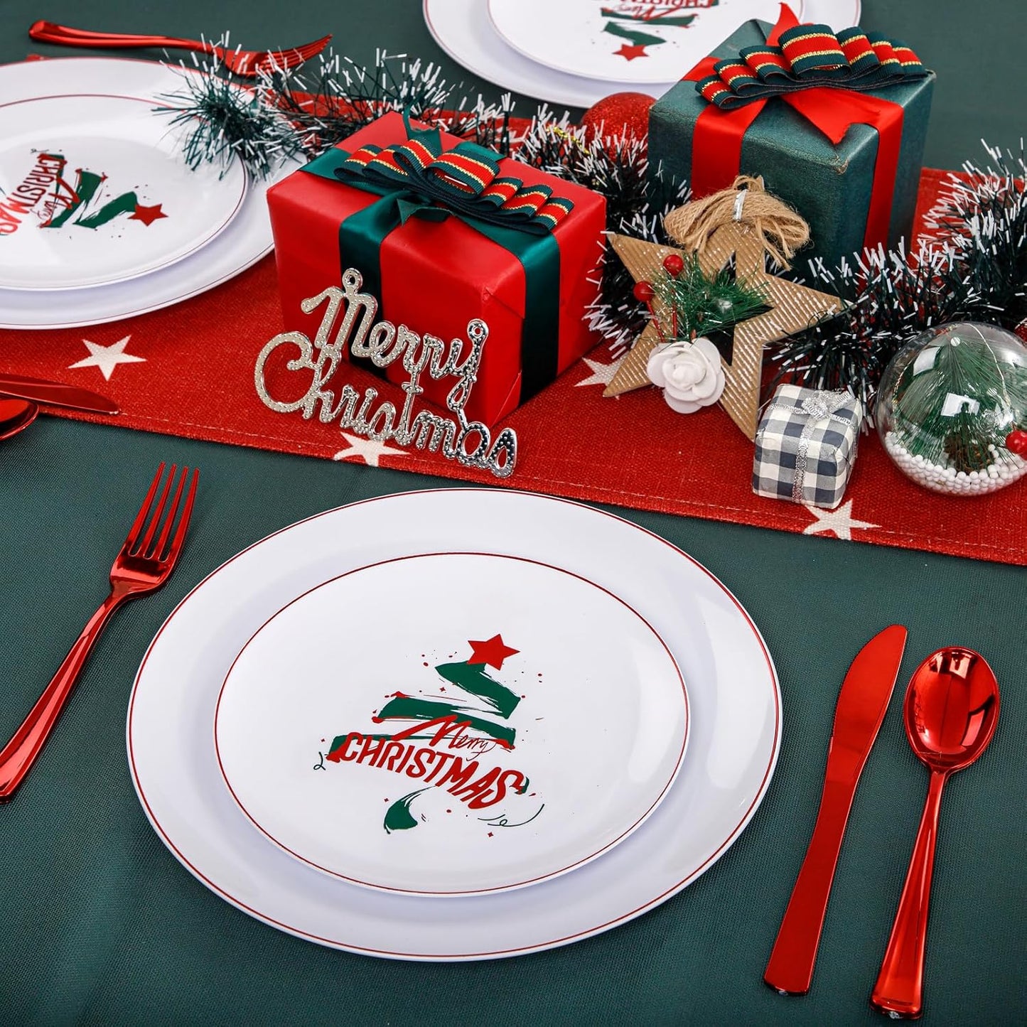 NOCCUR 60PCS Christmas Plates - Include 30 Dinner/Dessert Plastic Plates with Red Christmas Trees, Serve for 30 Guests