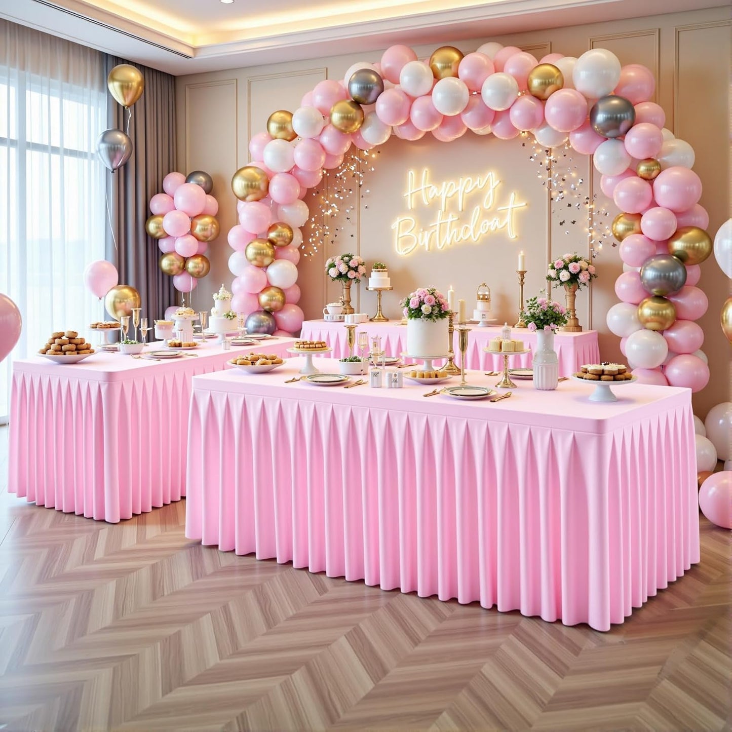 2 Pack Pink Rectangle Tablecloth 8 FT Stretch Spandex Fitted Table Cloth for 8 Foot Rectangle Tables Banquet Tablecloths Wrinkle Free Table Cover Skirt Ruffle Tablecloth for Party Wedding Birthday