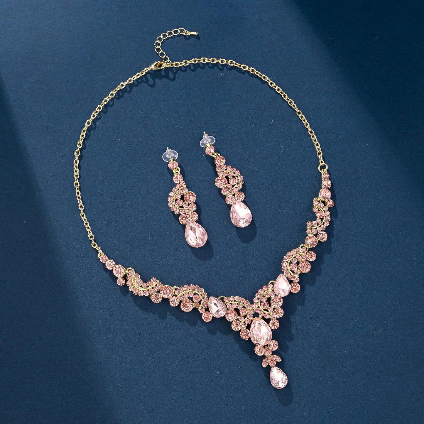 Crystal Bridal Wedding Jewelry Sets for Women Rhinestone Teardrop Crystal Statement Choker Necklace Drop Earrings Link Bracelets Rings Teardrop Jewelry Set for Brides Bridesmaids