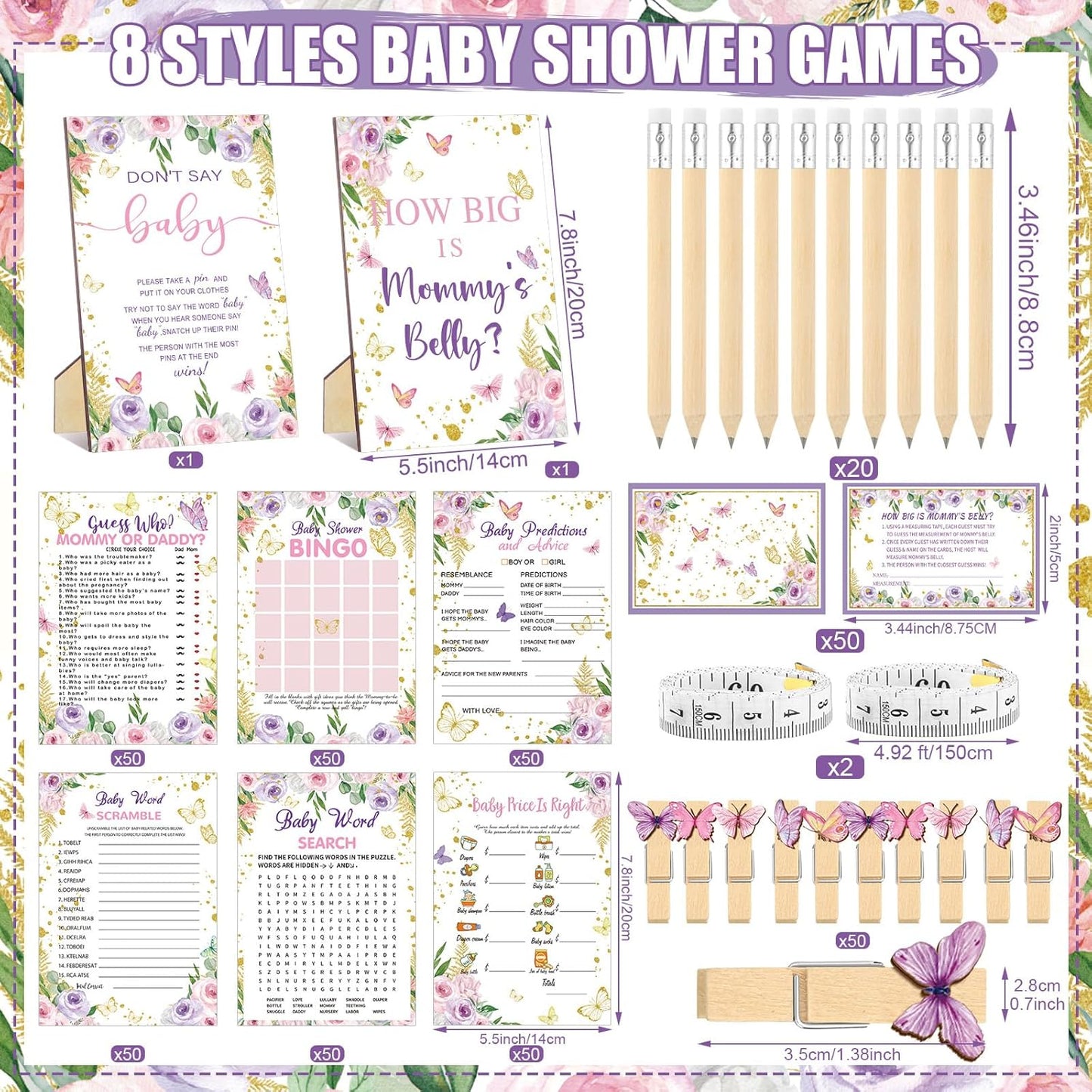 426 Pcs Butterfly Baby Shower Games Set-8 Games, Includes Baby Shower Bingo, Price is Right, Guess Who, Word Scramble, Prediction and Advice, How Big is Mommy's Belly, Don't Say The Words