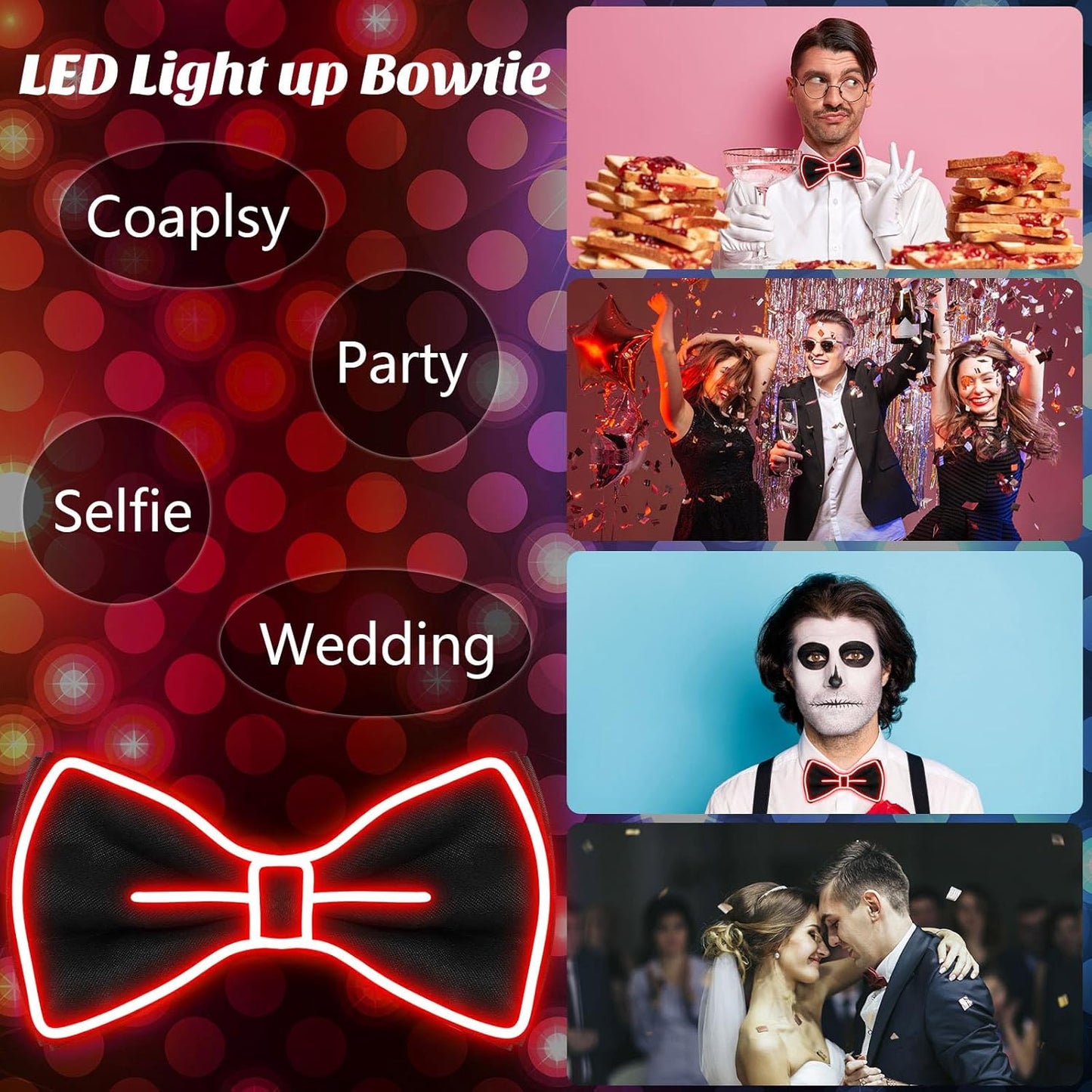 Hercicy Light up Bow Tie for Men LED Neon Bowtie Funny Ties Women Glow in the Dark Party Costume