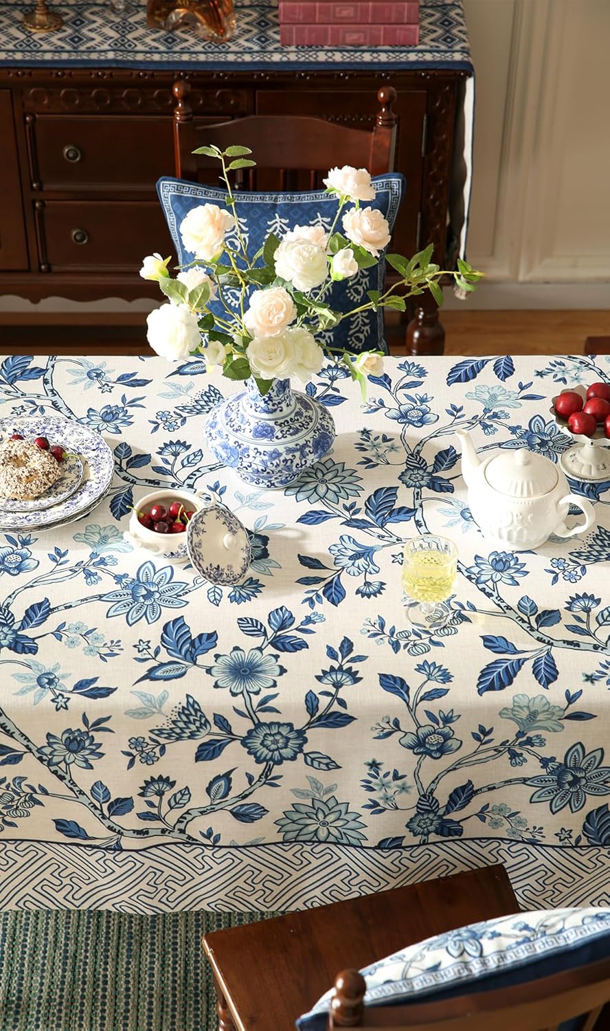 Vintage Blue and White Rectangle Tablecloth,French Linen Floral Wrinkle Free Tablecloths,Decorative Table Cover for Kitchen,Dining,Party,Thanksgiving,Christmas,55"*87"-Suqing