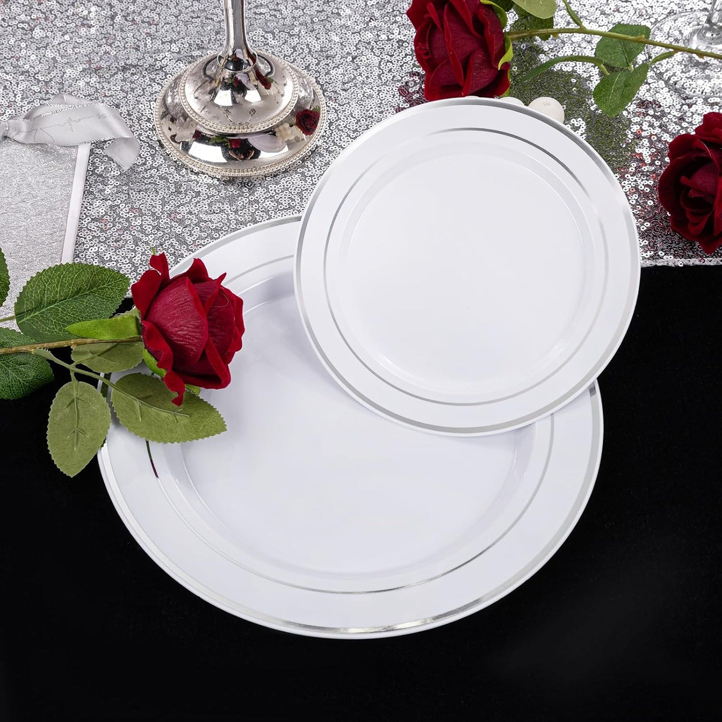 I00000 200 Pcs Silver Plastic Plates - Silver Disposable Party Plates Include 100 Dinner Plate and 100 Elegant Dessert Plate Perfect for Party, Holiday, Wedding & Birthday