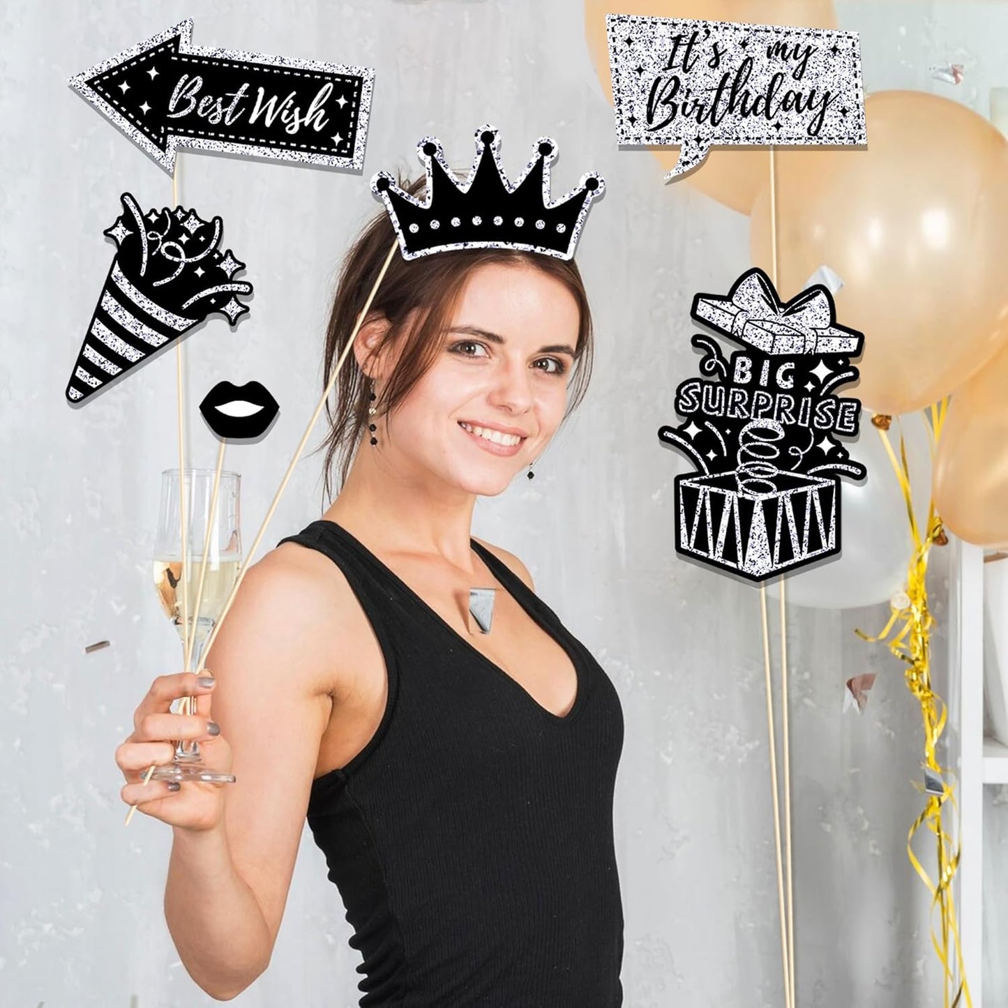 30 Pcs Silver Birthday Photo Booth Props Black Birthday Props 2026 Birthdays Decorations Backdrop Decorations Birthdays Props for Photography