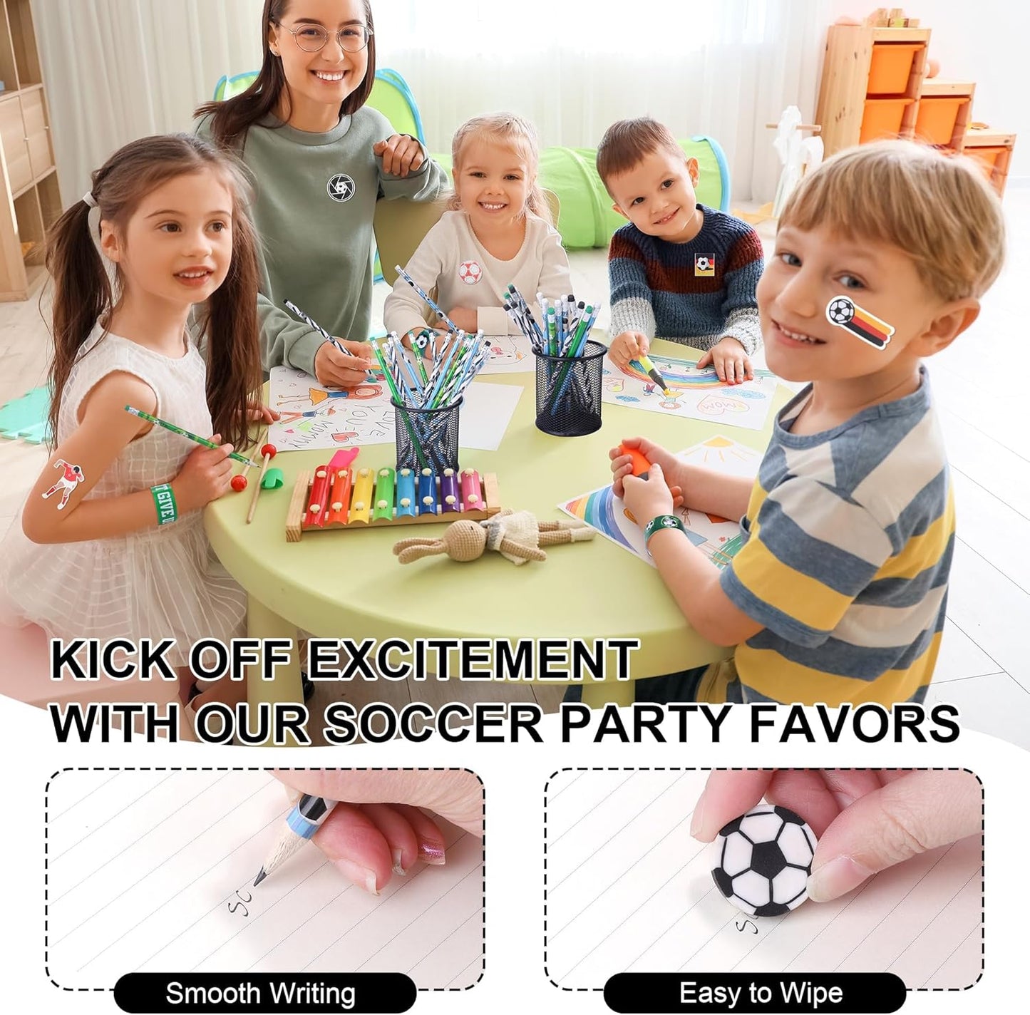 Aneco 340 Pieces Soccer Party Favor Set Soccer Goodie Bags Stuffers Mini Card Pencils Sharpener Eraser Stamp Slap Bracelet Sticker School Stationery Bulk for Sports Party Team Game Prize Birthday Gift