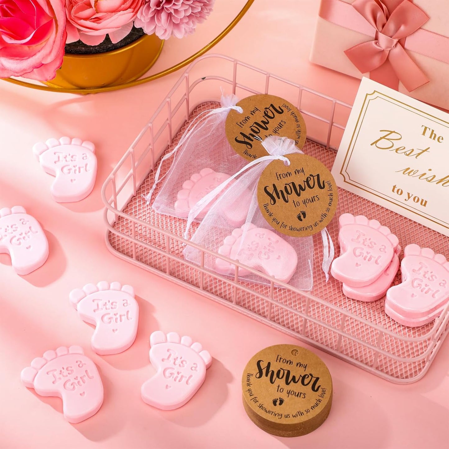 50 Sets Baby Shower Soap Favors for Guests Boy Girl Mini Handmade Scented Soaps with Thank You Tags and Organza Bags for Shower Gender Reveal Party Favors(It's A Girl,Pink Baby Feet)
