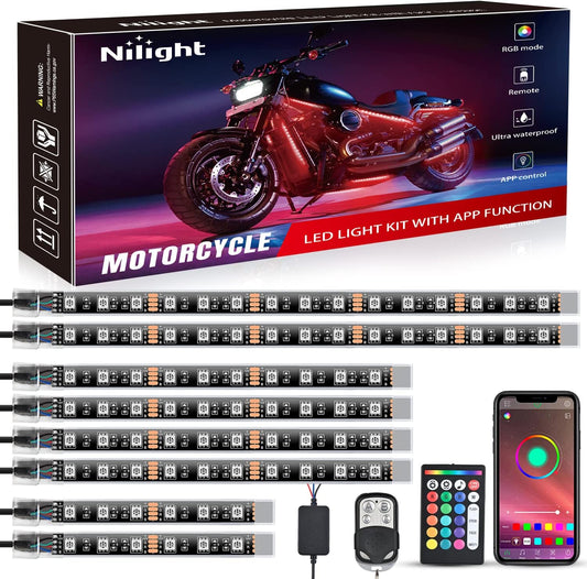 Nilight 8PCS Motorcycle RGB Led Light Kit Waterproof Multi Color Atmosphere Neon Accent APP and Remote Control Underbody Strips for Harley Davidson Honda Kawasaki Suzuki