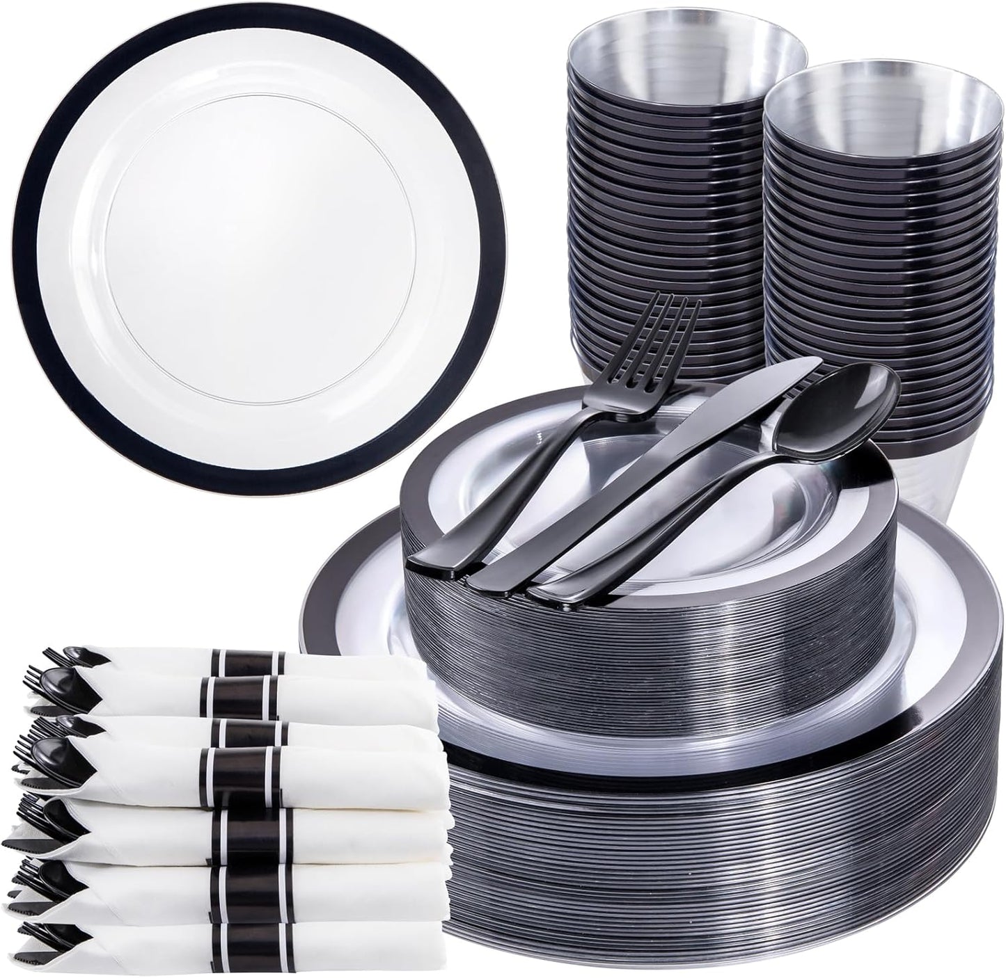 Liacere 350PCS - Clear Plates with Black Rim for 50Guests Dinnerware Include 100 Clear Plates disposable 150 Black Silverware 50 Napkins for Party&New Year
