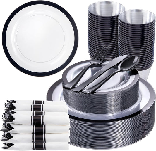 Liacere 350PCS - Clear Plates with Black Rim for 50Guests Dinnerware Include 100 Clear Plates disposable 150 Black Silverware 50 Napkins for Party&New Year